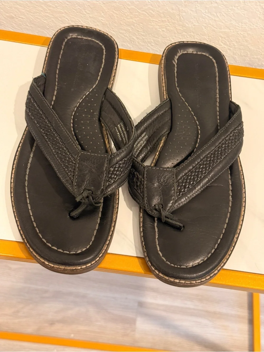 3 BUNDLE Brown Leather, Black Thong Sandals with‎ Dolphin Logo (check photos)